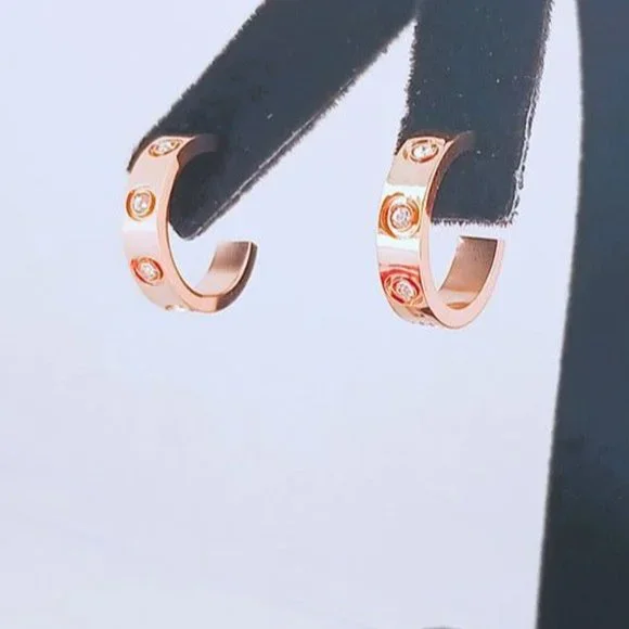Mens 14K Pink Rose Gold Diamond Semi Hoop Earrings 1ct Studded Guys Jewelry 14 K